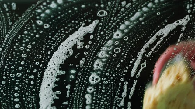 Washing window glass with sponge and soap foam, man hand cleaning glass surface on dark background, window cleaning service and office cleaning close up