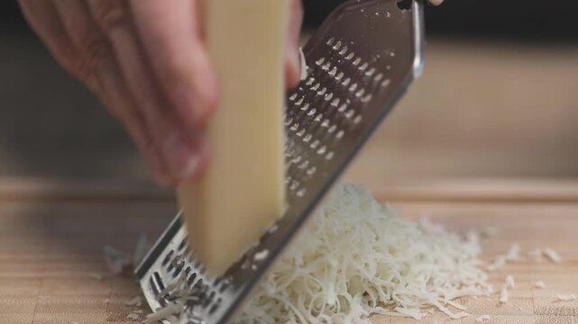 Chef grates hard cheese onto a wooden cutting board while preparing ingredients for a homemade meal in the kitchen