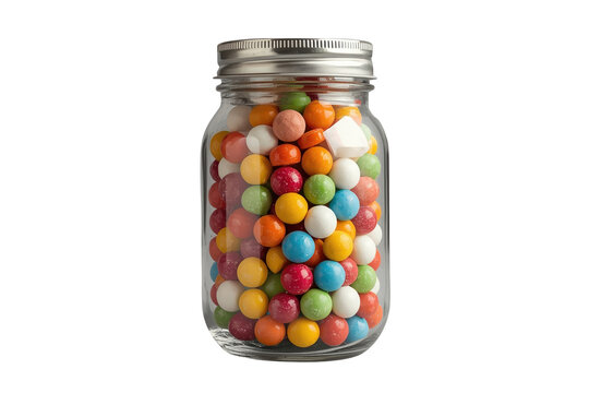 Glass jar packed with colorful round candies