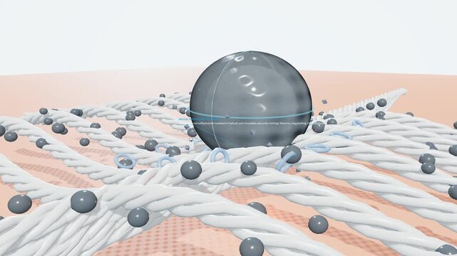3D animation of phase change material microcapsules embedded in synthetic fabric fibers undergoing thermodynamic cycle for active cooling and temperature regulation