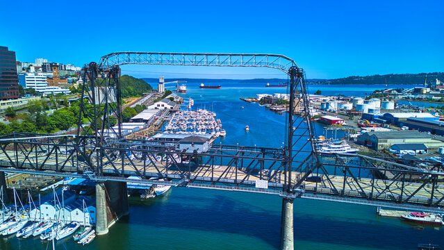 Aerial Tacoma Drawbridge Harbor and Boats Overlooking Waterfront Industry