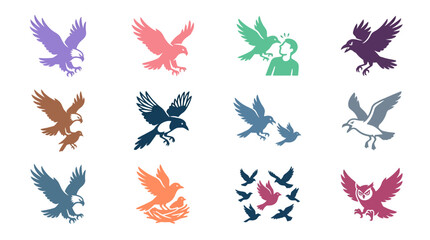 Fototapeta premium Bird behavior and interaction silhouette icons.