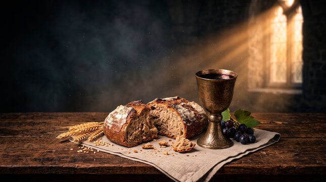 Broken communion bread and chalice of red wine on rustic wooden table for Holy Communion