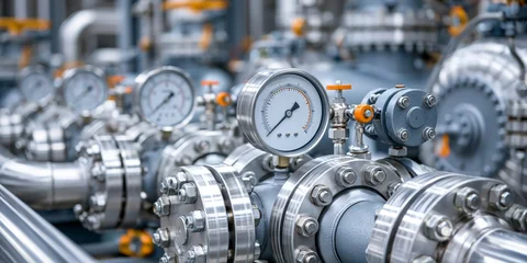 Close-up of industrial pressure gauges and stainless steel pipes in a factory setting with orange valve handles. © Anastasiya