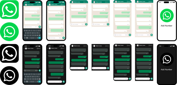 WhatsApp app interface templates in light and dark modes, featuring chat screens, keyboard layout, and mobile profile view, on white background