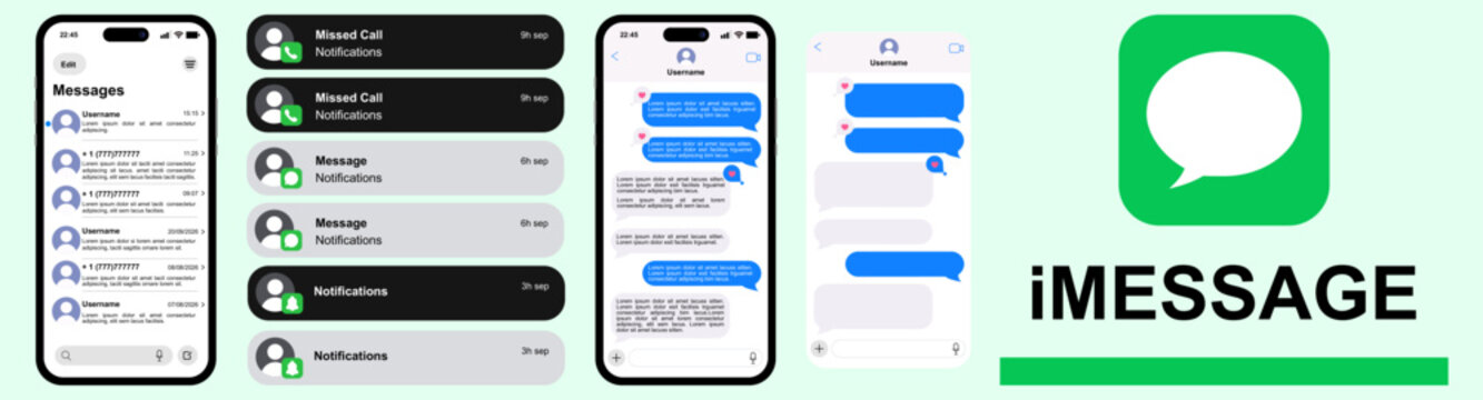 iMessage mobile UI kit with message notifications, incoming call alerts, chat screens, and app icon, presented on light green background
