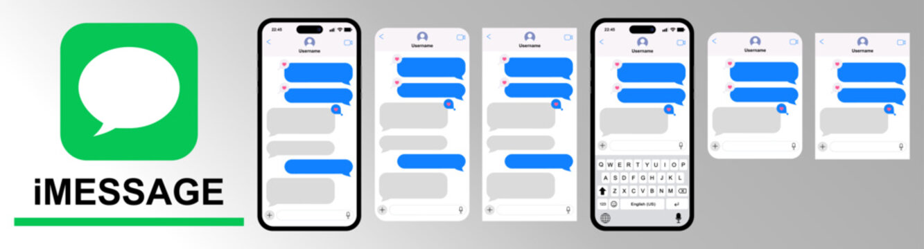 iMessage messaging app UI screen templates, displaying text conversation bubbles, keyboard, and green iOS logo, isolated on neutral background
