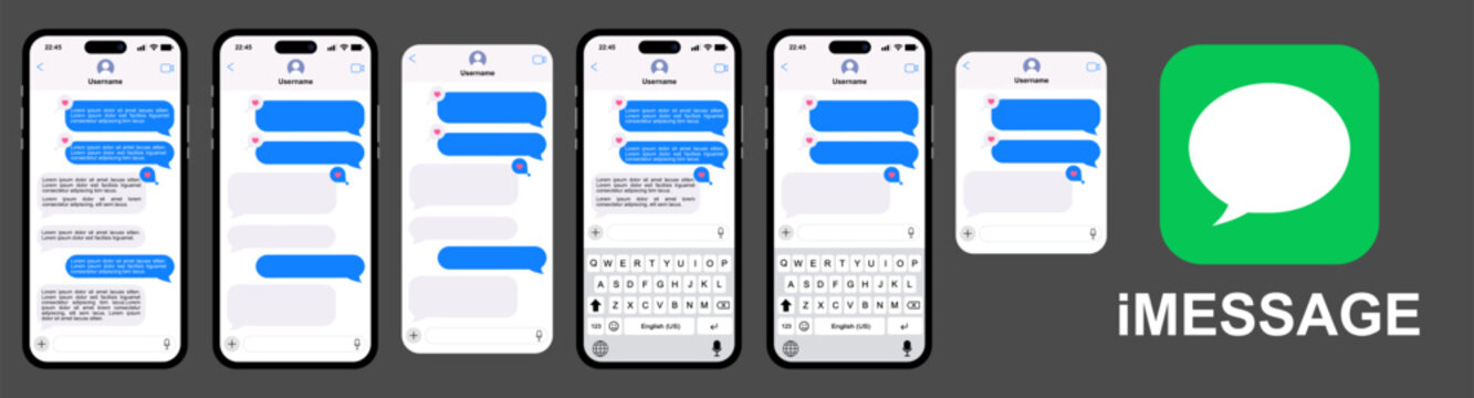 iMessage chat interface mockups on iOS smartphones, featuring text message bubbles, keyboard view, and green app icon, on dark background