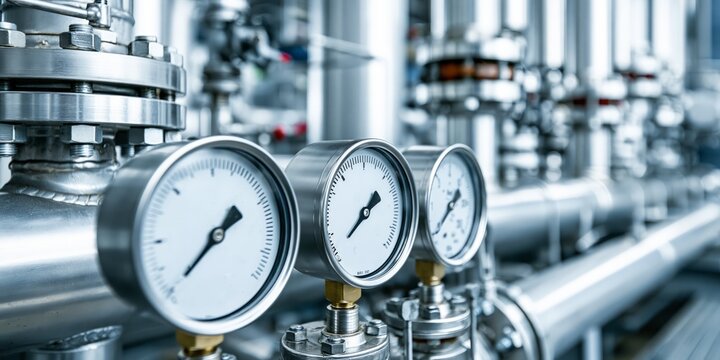 Close-up of industrial pressure gauges on stainless steel pipes in a factory setting with shallow depth of field.