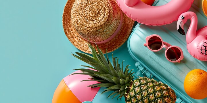 Colorful summer travel accessories like a straw hat, suitcase, sunglasses, and tropical fruit arranged on a bright teal surface.