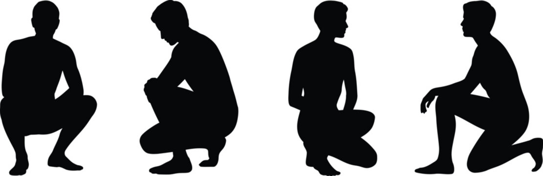 Set of four black silhouettes of a man in a crouching or kneeling position, showing different angles and postures, isolated on a white background