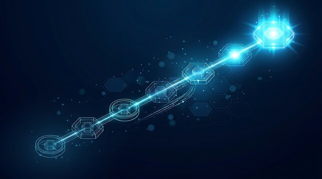 Glowing blue futuristic technology timeline showing digital progress milestones connected by a glowing laser beam
