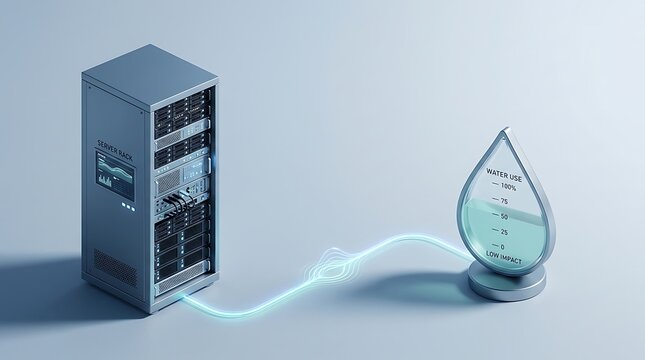Sustainable data center concept showing a server rack linked to a digital water usage monitor, emphasizing efficiency and environmental impact of modern computing infrastructure