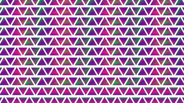 Creative seamless pattern rows identical minimal triangles filled colorful purple pink green geometric gradient stripes plain white backdrop modern abstract texture vector