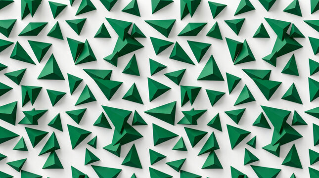 Striking seamless abstract pattern geometric 3d emerald green triangles casting soft drop shadows pristine white background surface high tech minimal graphic backdrop layout