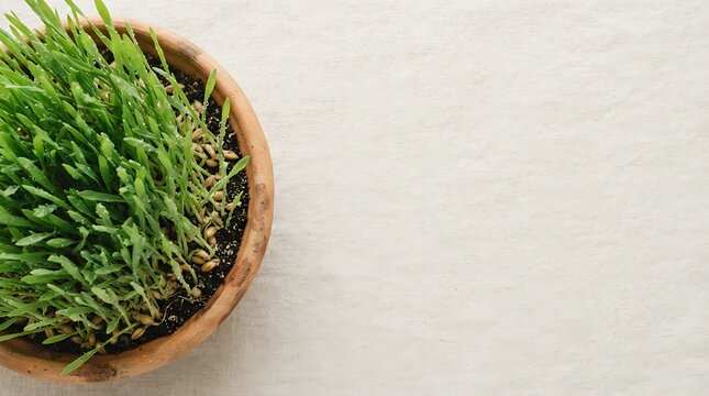 Fresh Green Wheatgrass Sprouts Growing in a Rustic Wooden Bowl on a White Textured Background