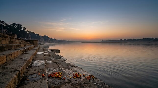 Serene Sunrise Over the Ancient Stone Ghats Along the Tranquil Holy River Ganges in Varanasi