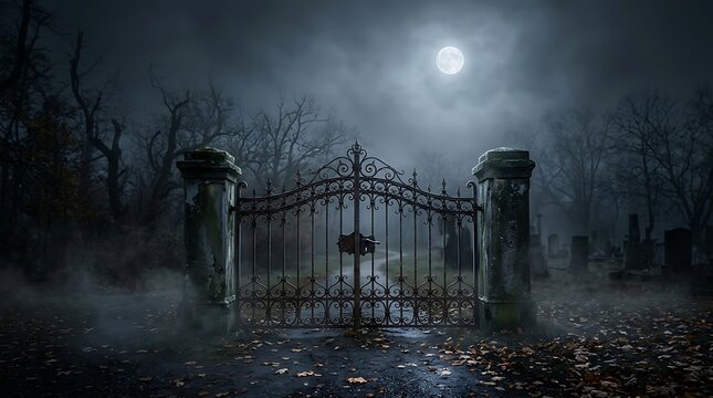 A spooky, foggy night at an old cemetery gate under a full moon, evoking a sense of mystery and dread