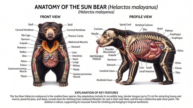 Educational Anatomical Chart of a Wild Bear Showing Skeletal and Internal Organs on White