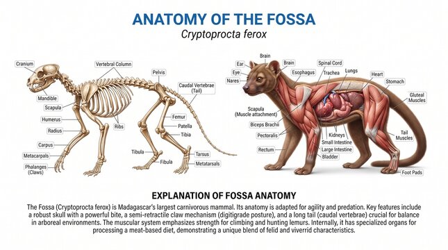 Educational Anatomical Chart of a Wild Carnivore Showing Skeleton and Muscular System on White