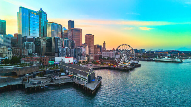 Aerial Seattle Skyline Waterfront Bay and Ferris Wheel at Golden Hour