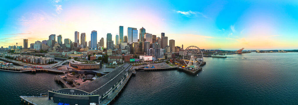 Aerial Seattle Skyline Waterfront Ferris Wheel and Bay Panorama Sunrise