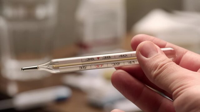 Woman holds mercury thermometer in her hands to measure body temperature, disease, Doctor or nurse, sick patient. Fever from Covid-19 virus. Deadly diagnosis. Coronavirus pandemic, flu epidemic