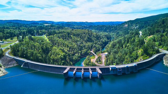 Aerial Mossyrock Dam Park with Lake and Forested Hills in Washington