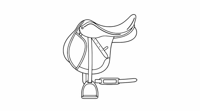 A single horse saddle illustration presented as a clean black and white line drawing icon with illustration classic english