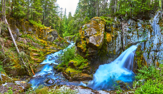 Panorama of Christine Falls Waterfall and Lush Forest Stream in Washington