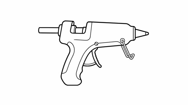A simple black and white line art illustration of a handheld electric glue gun tool with plain white background