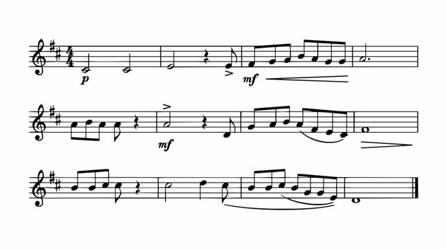 Sheet music staff lines featuring musical notation with notes and dynamics in d major key with dynamic markings white background