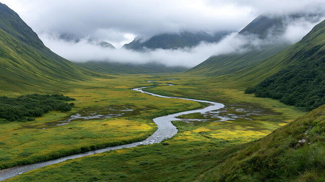 Sinuous river winding through the dramatic and misty Glen Coe valley in the Scottish Highlands, green landscape.