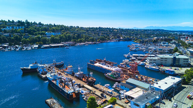 Aerial Seattle Harbor Shipyard Waterfront Industry and Urban Landscape