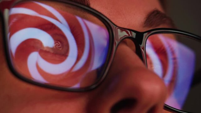 AI code on eyeglass glass, reflection on woman developer eyeglasses, working in dark office, tired busy people, depression on work, haker or it engineer with laptop, stocks markets. 