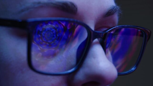 AI code on eyeglass glass, reflection on woman developer eyeglasses, working in dark office, tired busy people, depression on work, haker or it engineer with laptop, stocks markets. 