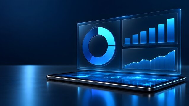 Digital tablet displaying glowing holographic financial dashboard with pie chart and analytics graphs for modern business performance monitoring