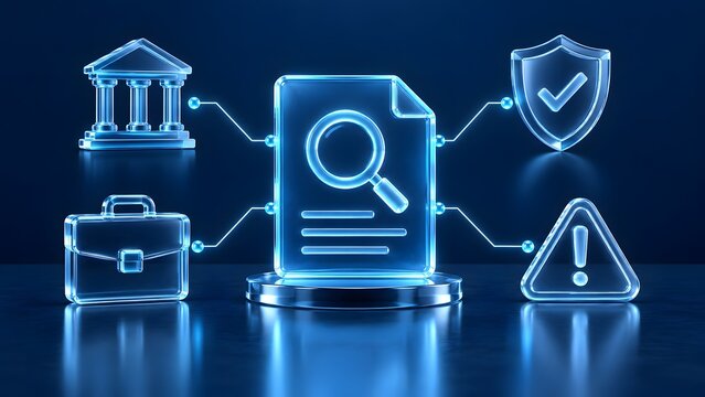 Glowing digital holographic icons representing corporate compliance financial auditing risk management and legal security