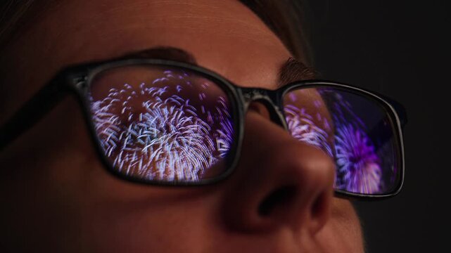 AI code on eyeglass glass, reflection on woman developer eyeglasses, working in dark office, tired busy people, depression on work, haker or it engineer with laptop, stocks markets. 