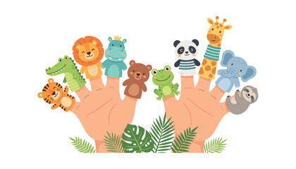 Fototapeta premium PrintCute animal finger puppets vector illustration with cartoon jungle safari characters on hands for children education activity concept