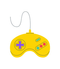 Retro yellow gamepad with button and joystick, flat video game icon for gamer or console controller. Vintage videogame accessory and entertainment device, digital play equipment. © Moonnoon