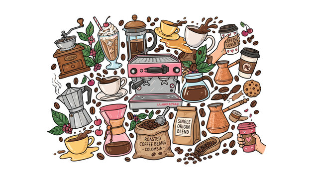 Coffee doodle concept with espresso machine grinder moka pot french press roasted beans and cups isolated on white background