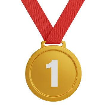 A gold medal with the number 1 engraved on the front, hanging from a red ribbon, isolated on a white .