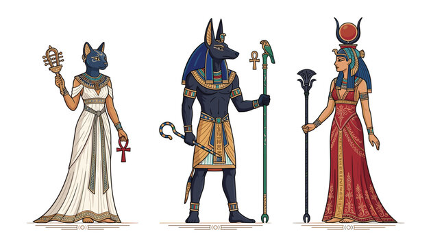 Ancient Egyptian gods vector set featuring Bastet, Anubis, and Isis characters with traditional clothing, scepters, and historical symbols