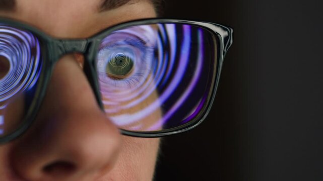 AI code on eyeglass glass, reflection on woman developer eyeglasses, working in dark office, tired busy people, depression on work, haker or it engineer with laptop, stocks markets. 