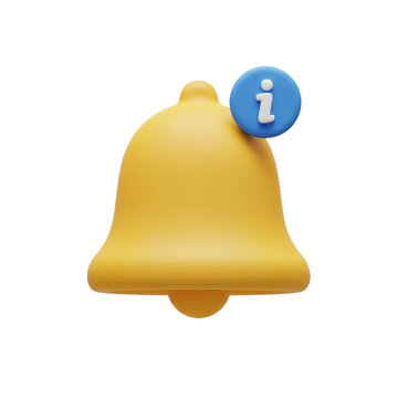 A 3D rendered yellow bell icon featuring a floating blue information circle badge, representing a notification or status update, isolated on a white .