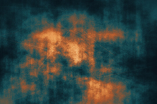 Abstract petrol blue background textured with rusty orange clouds and fine scratched lines for artistic wallpaper design and digital media projects.