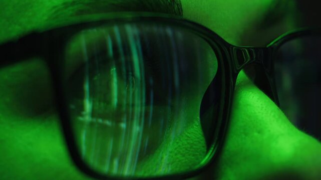 AI code on eyeglass glass, reflection on woman developer eyeglasses, working in dark office, tired busy people, depression on work, haker or it engineer with laptop, stocks markets. 