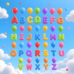 Fototapeta premium 3D Colorful Alphabet Letters Floating in Blue Sky Attached to Party Balloons, Creative Preschool ABC Education Concept