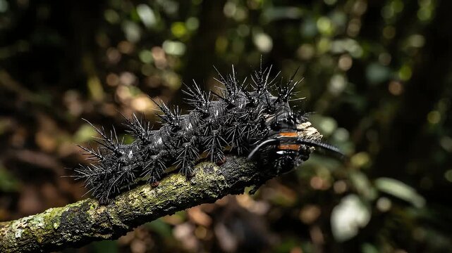 Black spiky caterpillar crawls on twig.

